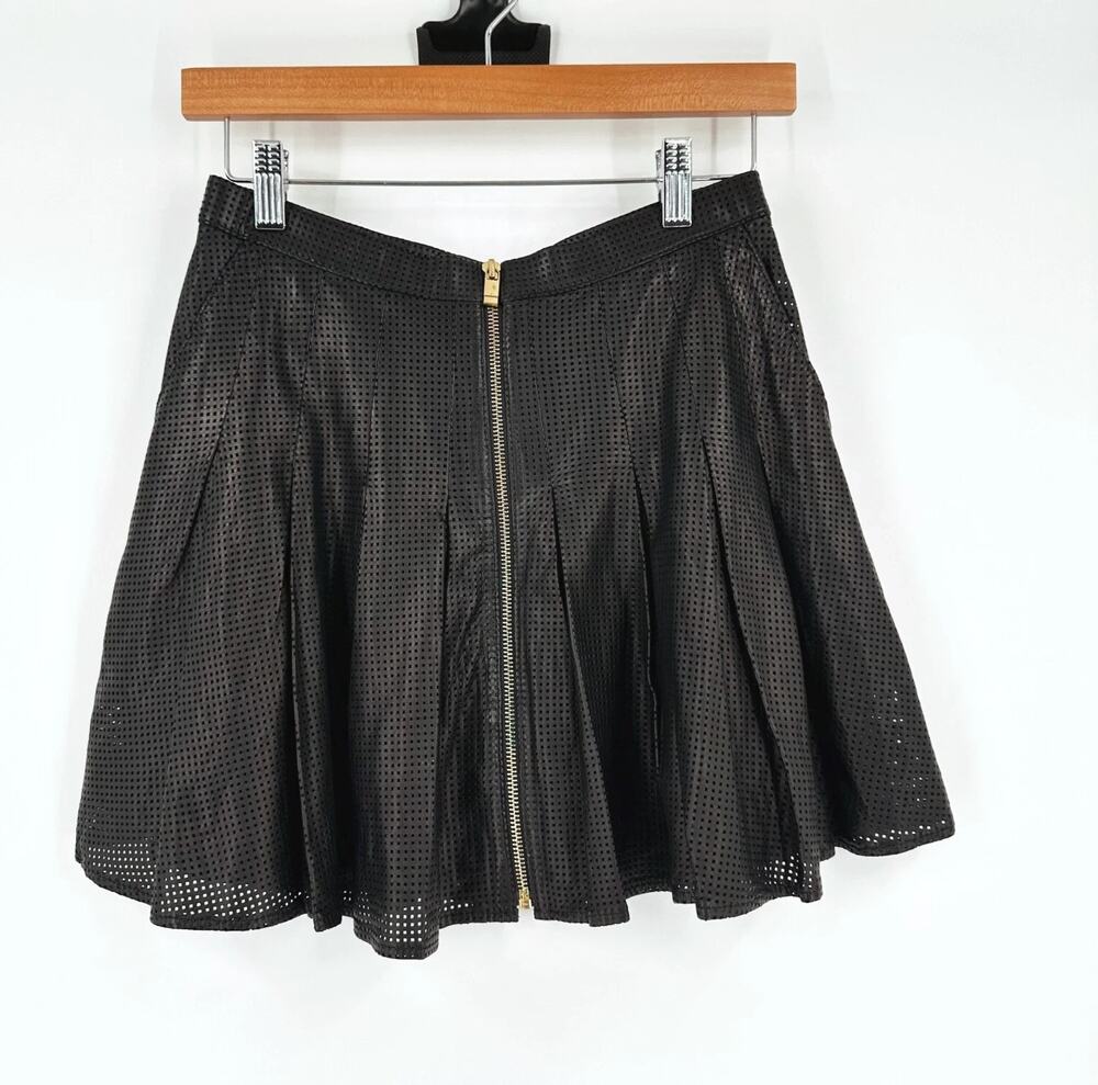 AS by DF Rio Perforated 100% Lamb Leather Mini Skirt 2 Pleated Tennis Luxe Edgy